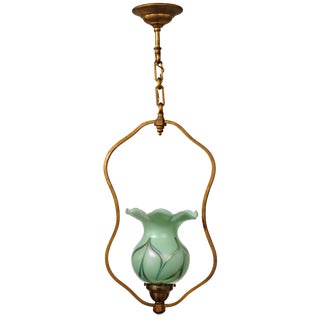 Early 20th Century Traditional Brass and Green Art Glass Shade Pendant Light For Sale