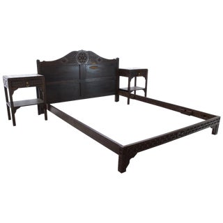 1930s Vintage Moorish Sculpted Full/Double Bed and Nightstands - 3 Pieces For Sale