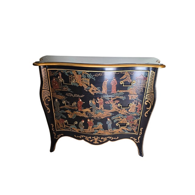 Elegant vintage Chinoiserie bombe chest by Drexel featuring a classic serpentine silhouette and richly detailed hand-...