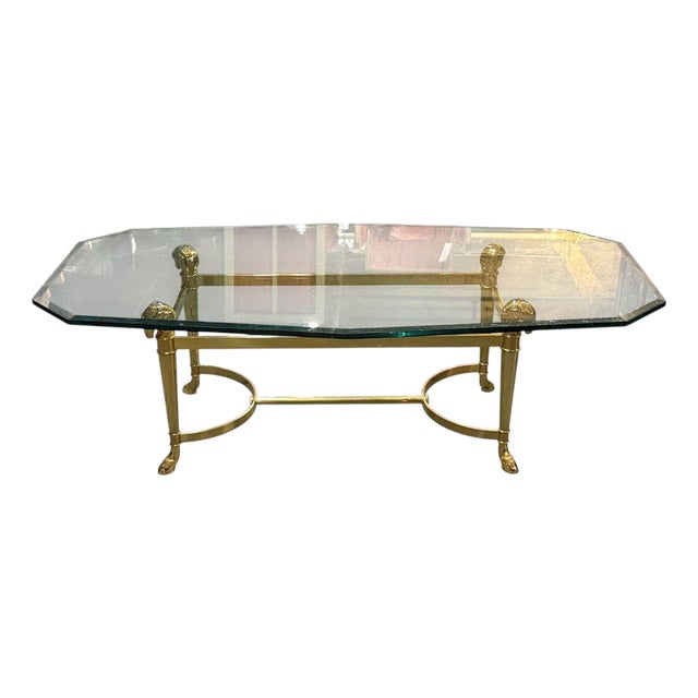 Jansen Octagon Glass Top Coffee Table, Solid Brass, Rama Head, Hollywood Regency For Sale