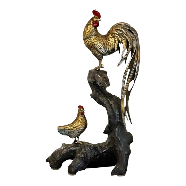 Hollywood Regency Japanese Meiji Style Bronze Sculpture of Rooster & Hen on Root Wood Base For Sale