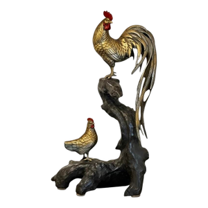 Hollywood Regency Japanese Meiji Style Bronze Sculpture of Rooster & Hen on Root Wood Base