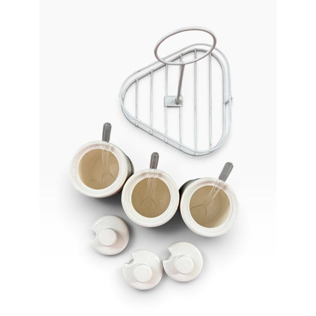1980s Vintage 1986 Hoan Ceramic Condiment Set With Caddy, Rainbow Stripe, Mustard Ketchup Relish For Sale - Image 5 of 7