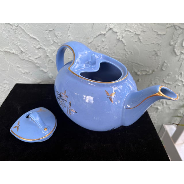 Ceramic Vintage Hall China Powder Blue 6-Cup Teapot With Gold Floral Motif For Sale - Image 7 of 8