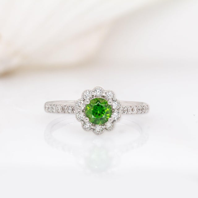 Contemporary Round Demantoid Garnet and Natural Diamond Ring in Solid 14k White Gold, Size 6.75 For Sale - Image 3 of 7