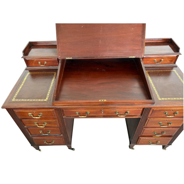 Vintage Mahogany Partners Desk with Leather Inlay and Brass Hardware For Sale - Image 5 of 8