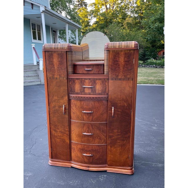 1930s Art Deco Walnut Waterfall Double Chifferobe Armoire TriBond