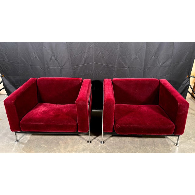 Charles Stendig Stendig Mid-Century Modern Cube Lounge Chairs in Burgundy Mohair Velvet and Chrome, Robert Hausmann for De Sede Style - A Pair For Sale - Image 4 of 16