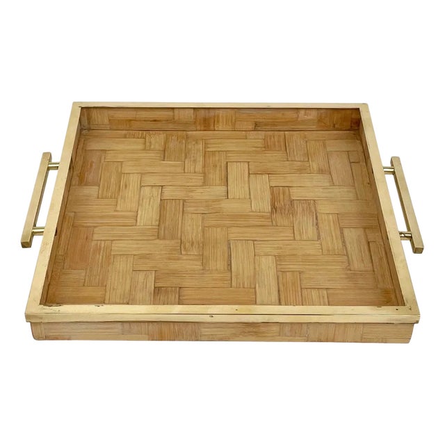 Rattan & Brass Serving Tray by Tommaso Barbi, Italy, 1970s For Sale