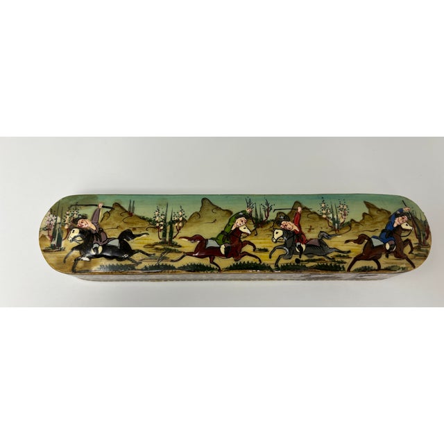 English Khatam Marquetry Qalamdan Pen Box With Hand-Painted Equestrian Miniature 1940s For Sale - Image 3 of 13