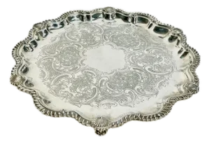 Antique English Sheffield Plate Silver Salver With Shell Detailing by Cooper and Sons