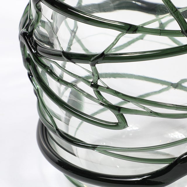 Hand-Blown Murano Glass Vase With Organic Viridian Green Sculptural Striations For Sale - Image 9 of 14