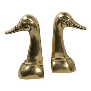 Large Vintage Hollywood Regency Style Brass Duck Book Ends-A Pair 9" For Sale