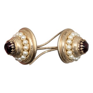 Vintage 1950s Signed Napier Goldtone Cabochon Faux-Garnet & Faux-Pearl Cuff Bracelet For Sale