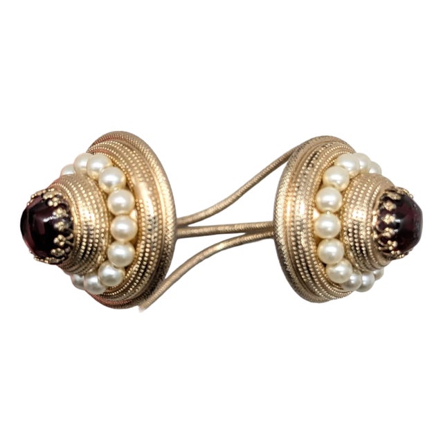 Vintage 1950s Signed Napier Goldtone Cabochon Faux-Garnet & Faux-Pearl Cuff Bracelet For Sale