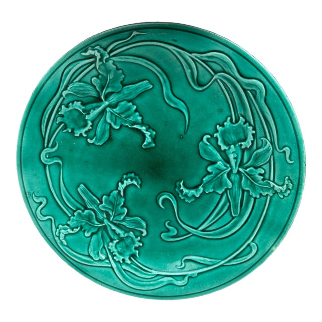 19th Century Green Majolica Orchid Plate Saint Clement For Sale