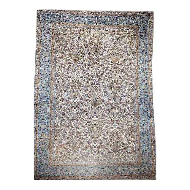 Vintage Oversized Persian Kerman Lavar Rug, Hand-Knotted Wool, Allover Vase Pattern, Ivory & Blue,11x19 For Sale