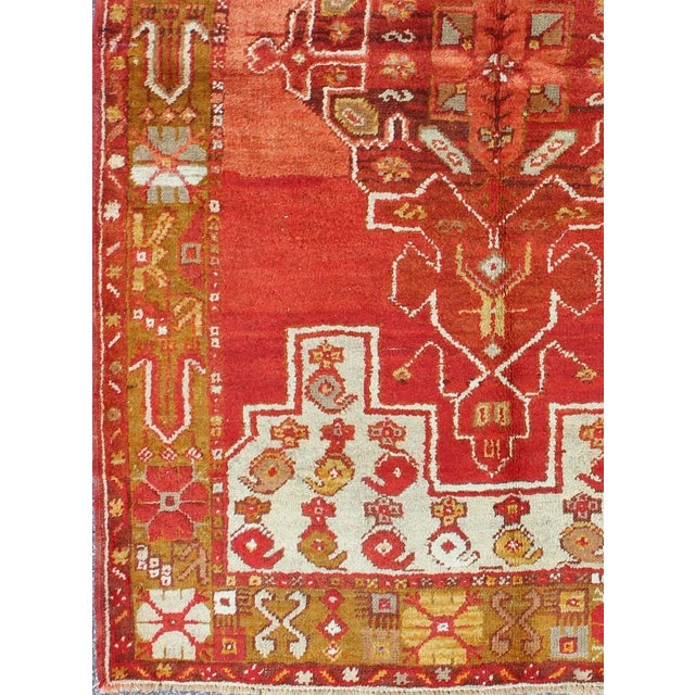 Turkish Colorful Antique Turkish Oushak With Red, Rose, Ivory, Yellow-Green & Yellow For Sale - Image 3 of 7