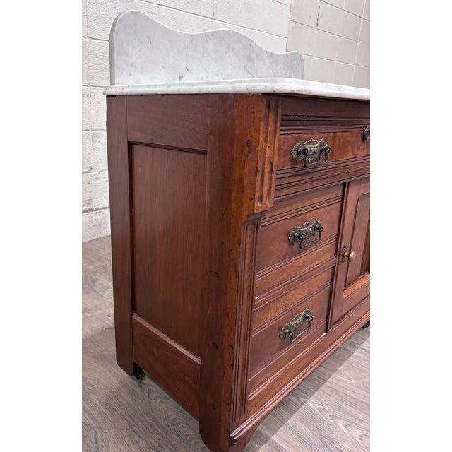 Antique Victorian Eastlake Walnut Marble Top Knapp Joint Washstand For Sale - Image 4 of 15