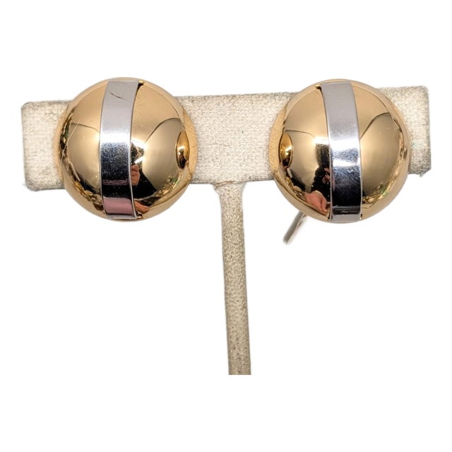 Vintage Signed Napier Goldtone Round Domed Rhodium Plated Stripe Clip Earrings-2 Pieces For Sale