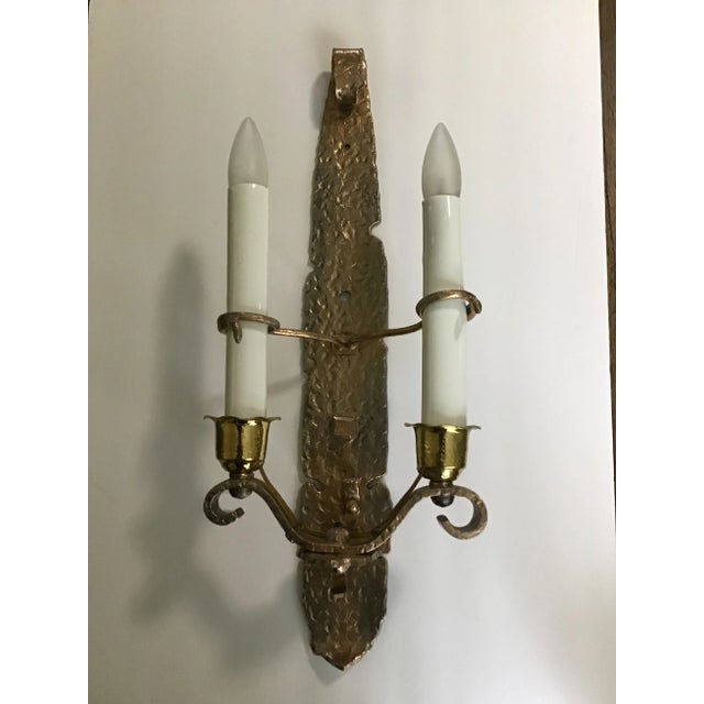 Metal Arts & Crafts Hammered Brass Double Wall Sconces 1 or a Pair For Sale - Image 7 of 12