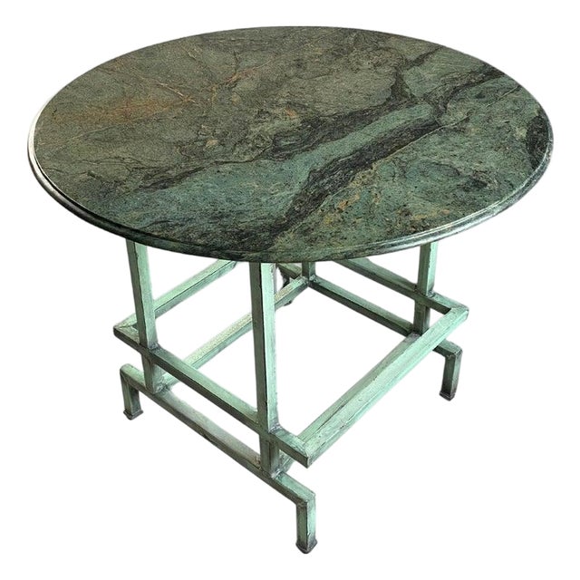 Green Marble Postmodern Center Table With Teal Steel Base For Sale