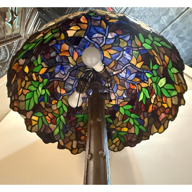Vintage Tiffany Style Lamp With Foliage Design For Sale - Image 9 of 15