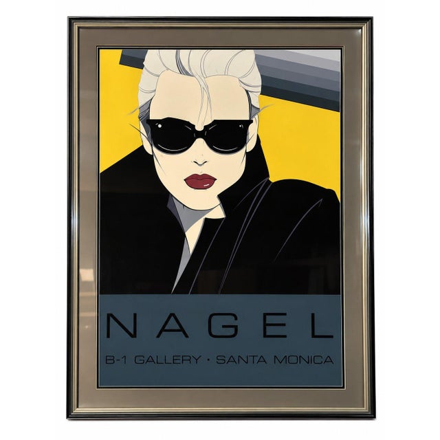 1985 Patrick Nagel Santa Monica B-1 Gallery Poster featuring iconic artwork of a woman in sunglasses with bold yellow and...