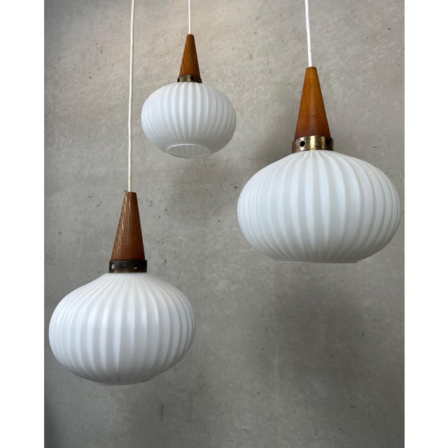 Brown Japani Pendant Lamps in Teak and Opaline, Set of 3 For Sale - Image 8 of 8