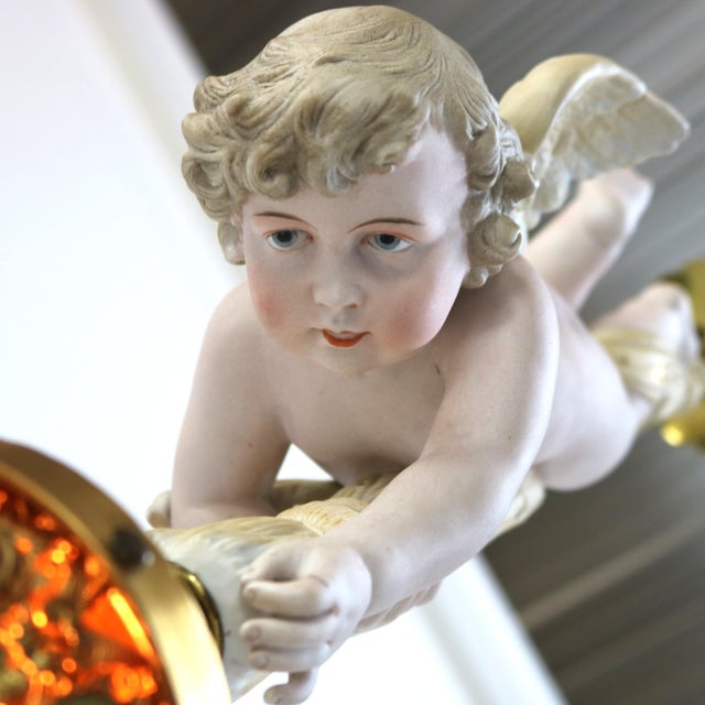 Early 20th Century French Gilt Bronze, Brass & Bisque Figural Cupid Pendant Light & Jeweled Shade For Sale - Image 12 of 12