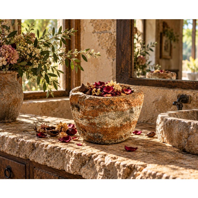 18th Century 18th Century Granite Stone Bowl Mortar Planter Caramel Stripes 11 Lb For Sale - Image 5 of 10
