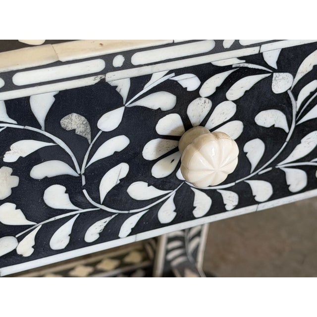 Black Aditya Handicrafts Indian Black & White Floral Bone Inlay Two-Drawer Console Table, 2021 For Sale - Image 8 of 12