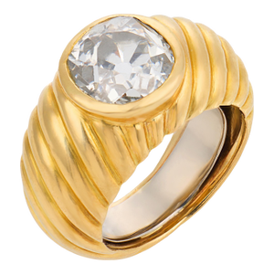 1980s Retro 3.80 Carat Old Mine Cut Diamond 18k Yellow Gold Bezel Ring, Size 4.75