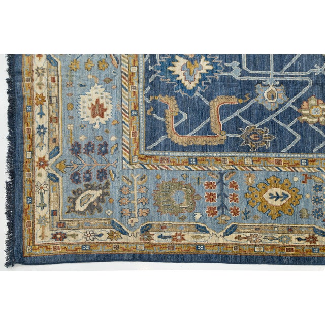 Blue 14x20 Hand-Knotted Modern Oushak Style Wool Rug in Indigo Blue & Earthy Motifs For Sale - Image 8 of 12