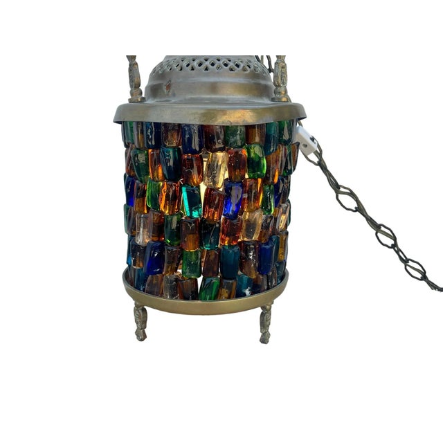 1950s Vintage Hebron Glass Beaded Swag and Brass Lamp/Swag Light For Sale - Image 5 of 12