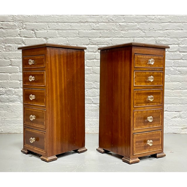 1910s Pair of Federal Style Narrow Mahogany Dressers | 1920's Skinny Nightstands Glass Knobs For Sale - Image 5 of 13