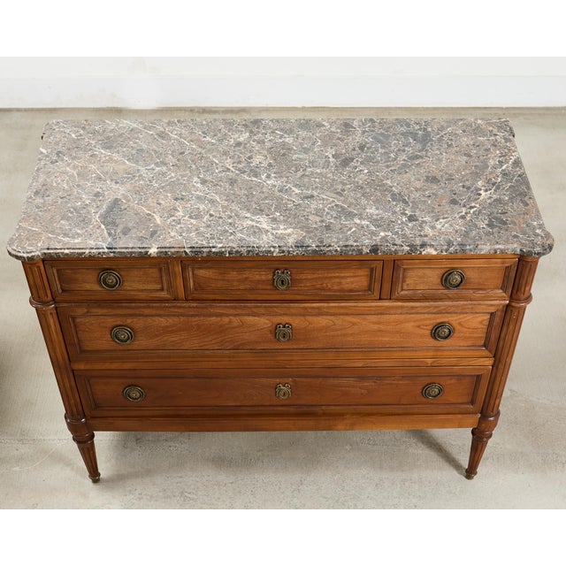 Brown Pair of Louis XVI Style Marble Top Commodes Chest of Drawers For Sale - Image 8 of 18