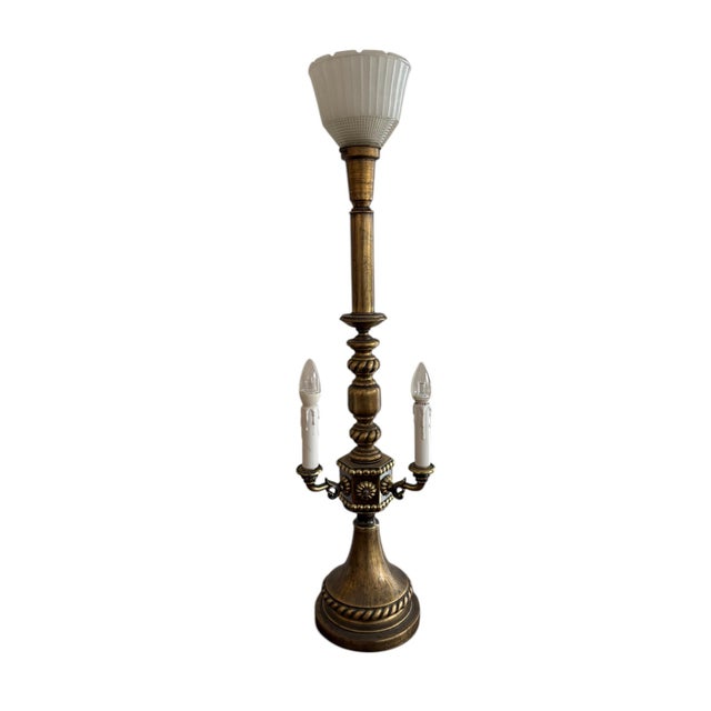 Vintage Brass Torchiere and Candelabra Table Lamp with Green Shades For Sale - Image 3 of 7