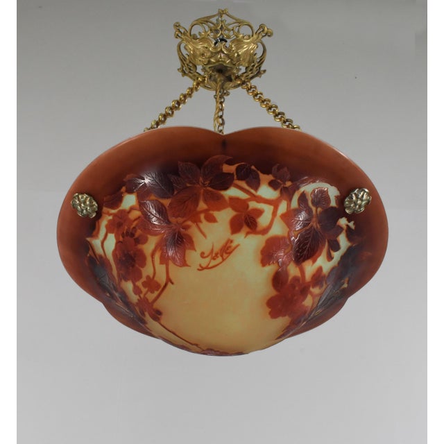 1920s Large French Art Deco Pendant Light by Galle - 1925 Cameo Gallé Chandelier France For Sale - Image 5 of 10