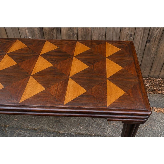 Postmodern Monumental Artisan Post-Modern Mahogany Marquetry Inlaid Console Dining Table For Sale - Image 3 of 6