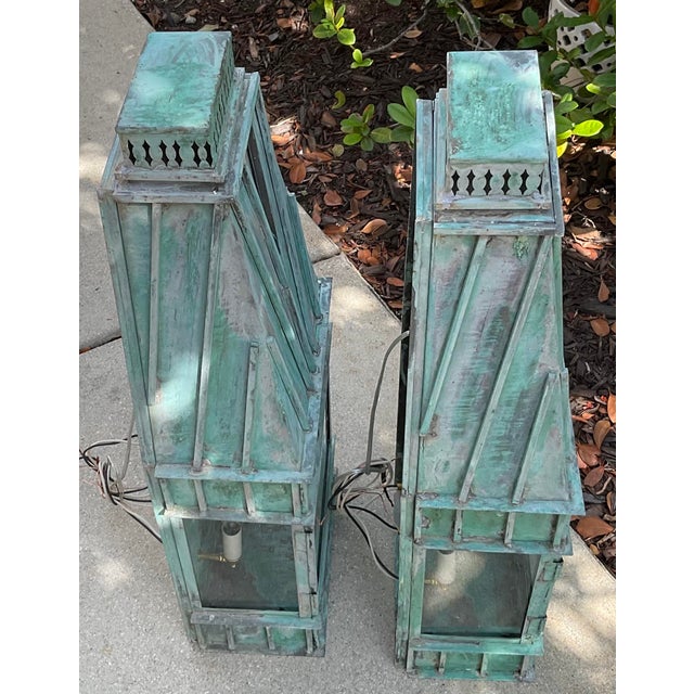 Verdigris Pair of Monumental Art Deco Style Verdigris Copper & Brass Wall Lanterns For Sale - Image 8 of 16