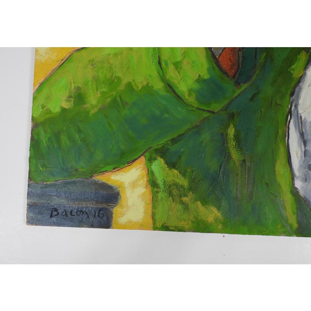Contemporary gouache on wood panel expressionist painting of white haired man in green jacket with yellow background by K....