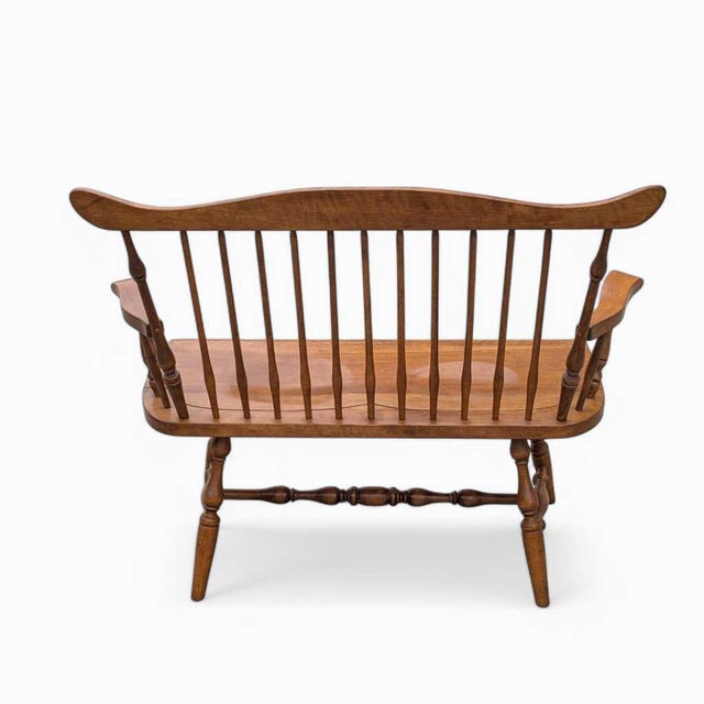 1970s Vintage Wooden Bench – Spindle Back Bench, Classic Farmhouse Style, Elegant Seating, Rustic Home Furniture For Sale - Image 5 of 17