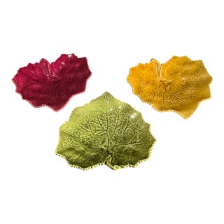 Late 20th Century Three Grape Leaf Colorful Dishes Bordallo Pinheiro Portugal Red, Yellow, Green For Sale