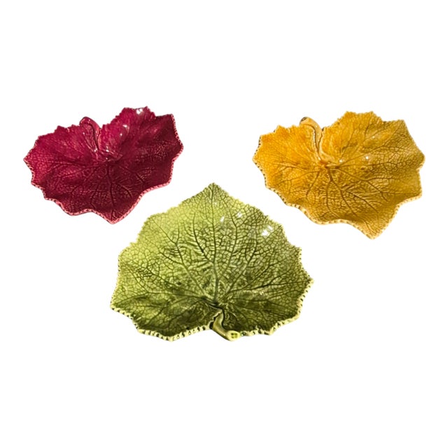 Late 20th Century Three Grape Leaf Colorful Dishes Bordallo Pinheiro Portugal Red, Yellow, Green For Sale