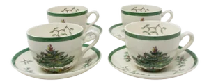 Vintage Spode Christmas Tree Earthenware Cups & Saucers Made in England - 8 Pieces