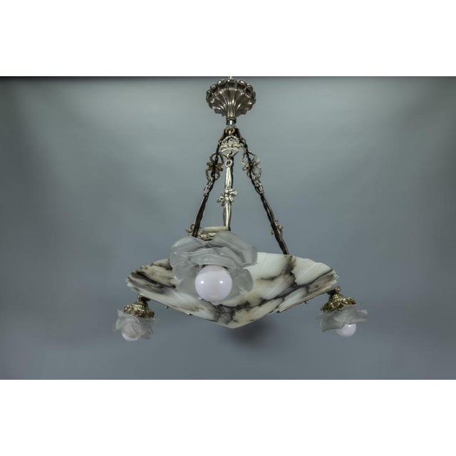 Art Deco French Alabaster and Frosted Glass Four-Light Chandelier, 1920s For Sale - Image 15 of 18