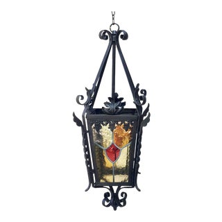 French Iron Neo-Gothic Lantern with Stained Glass, circa 1880 For Sale