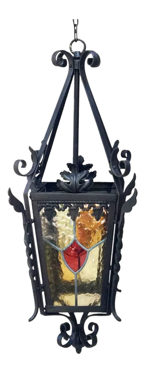 French Iron Neo-Gothic Lantern with Stained Glass, circa 1880