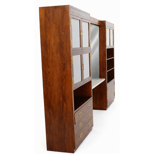 1970s Campaign Vintage Henredon Oak Wall Unit With Marble Counter and Mirrored Cabinets For Sale In Tampa - Image 6 of 12
